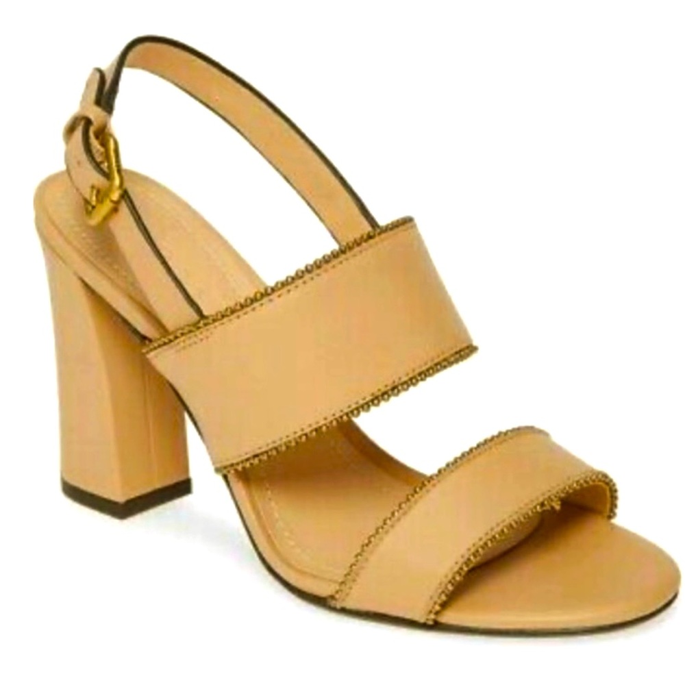 Beautiful Coach block heeled and gold beaded leather sandal. Excellent condition